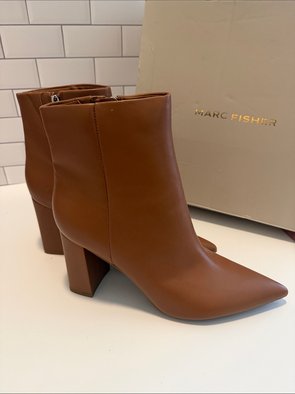 Marc Fisher Tan Leather Pointed Toe Block Heel Ankle Boots